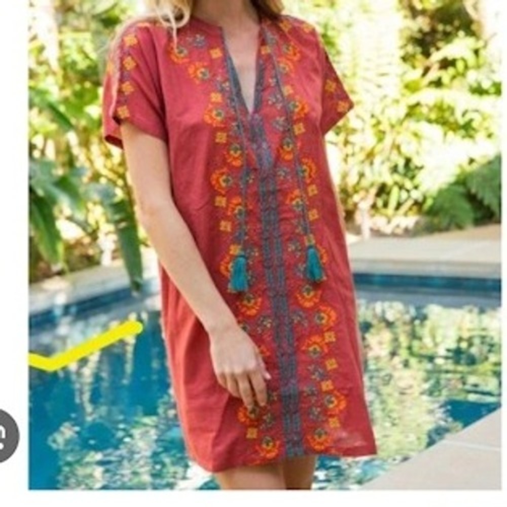 Natural Life 100% Cotton Embroidered Tassel Dress XS Boho Hippie Tunic